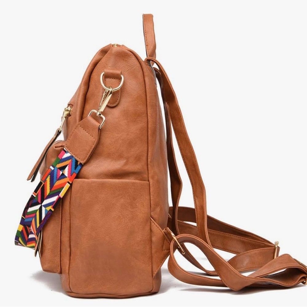 Elegant Tan Backpack with Multicolor Strap - Picture 3 of 4